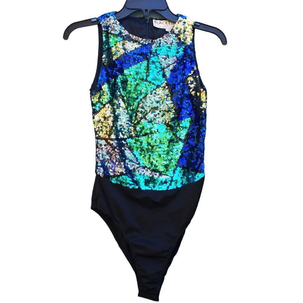 Oleg Cassini Black Tie Vintage Blue Green Sequin Sleeveless Dance Bodysuit S v6x